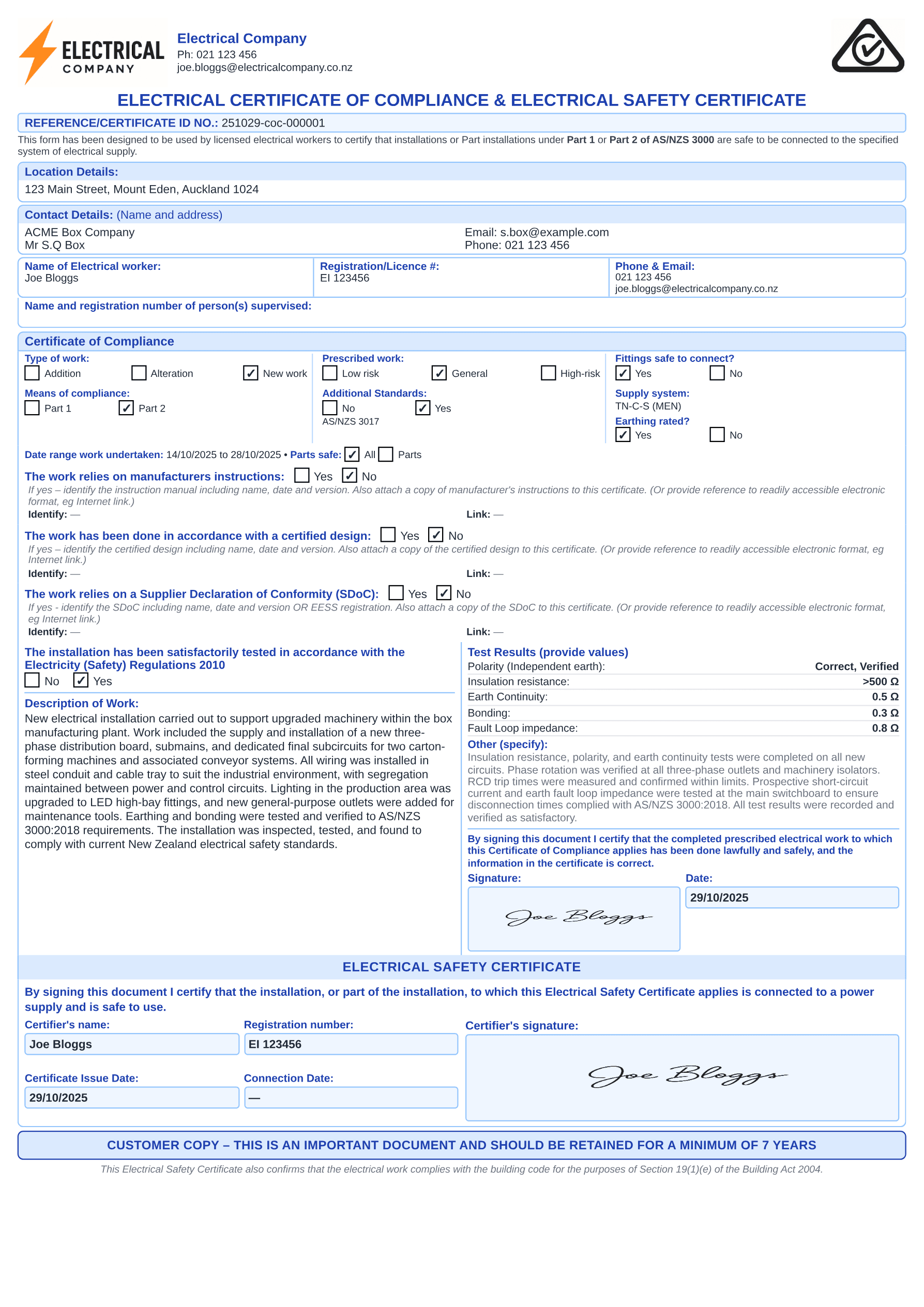 CoC Certificate Preview &mdash; showing client details, work description, test results, and signature